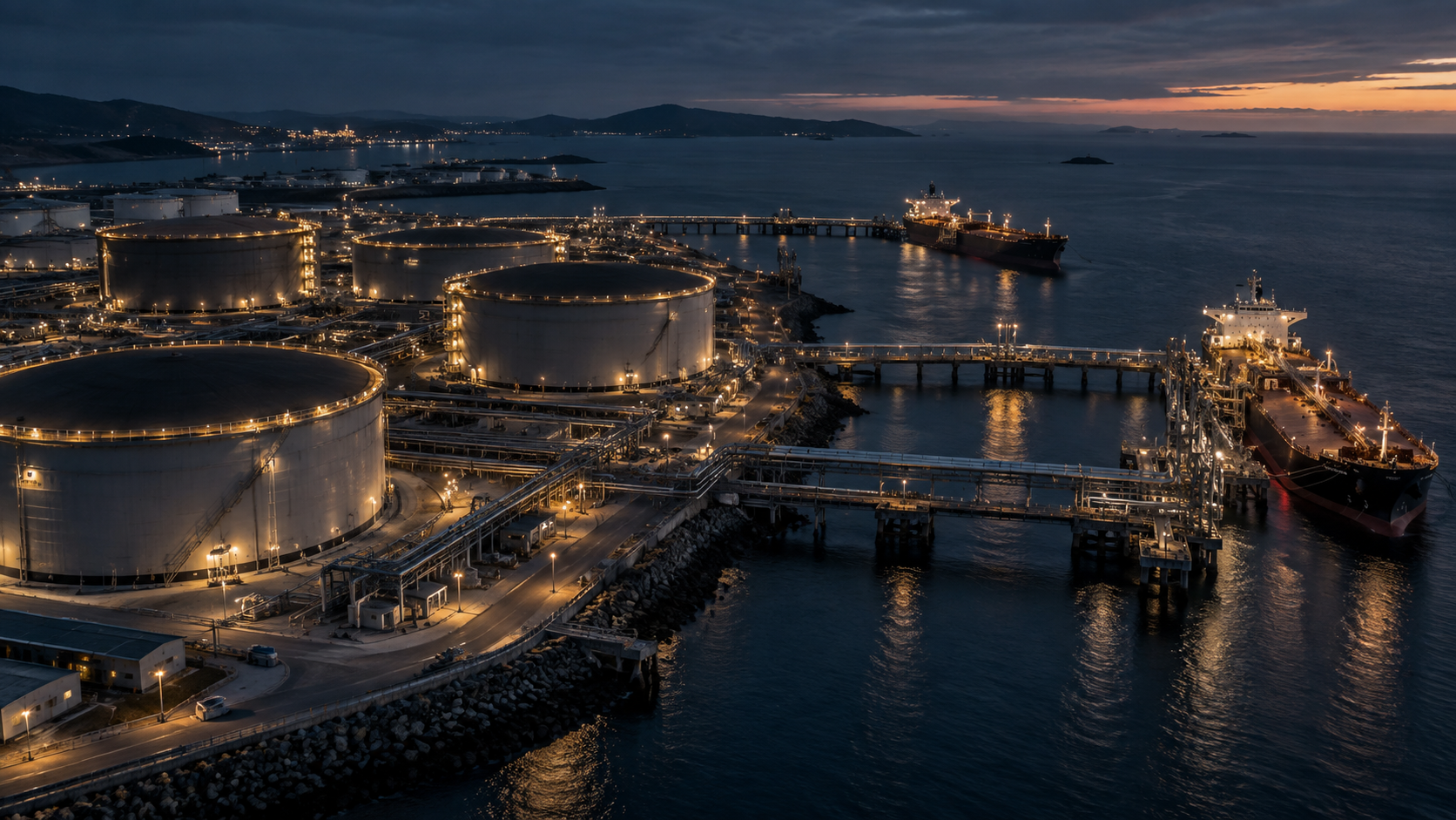 Illustrative aerial view of a coastal petroleum terminal at blue hour
