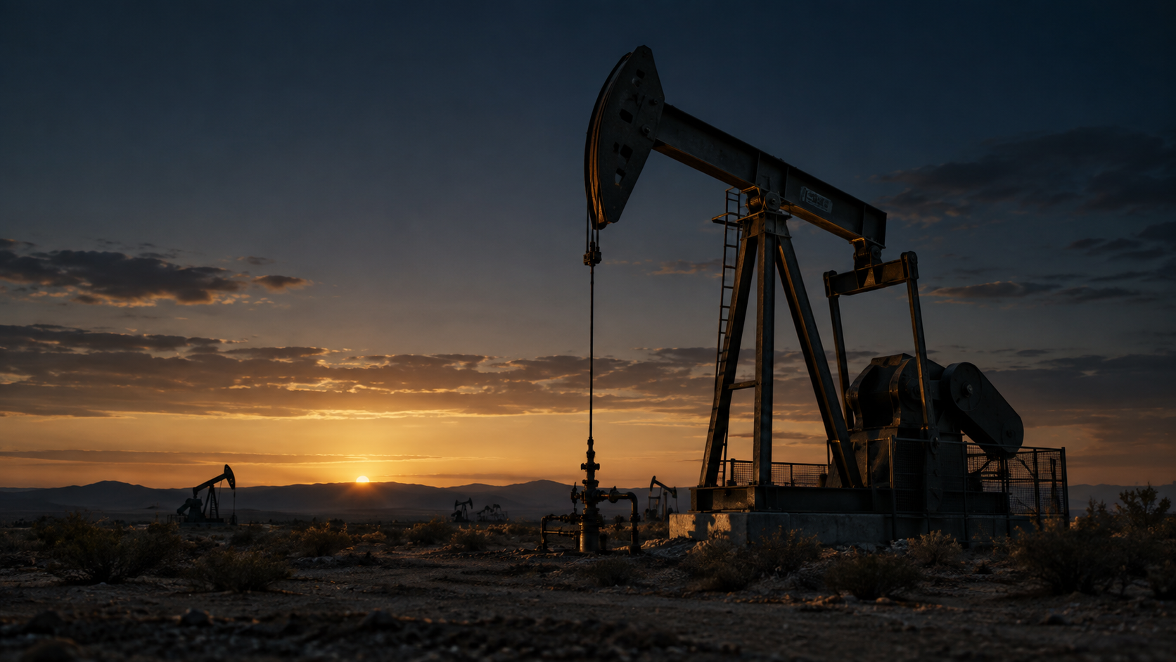 Illustrative oilfield pumpjack against the desert sky at dusk