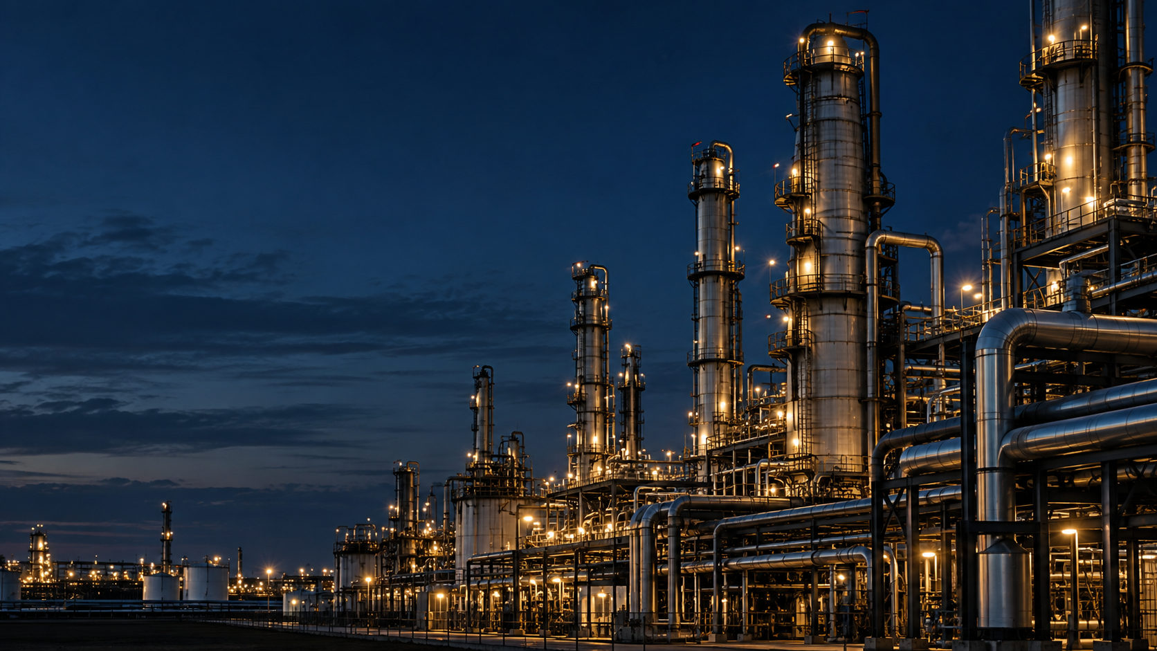 Illustrative refinery towers and pipework illuminated at dusk